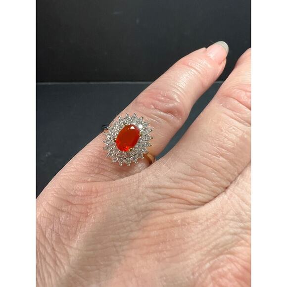 NEW Mexican Cherry fire opal moissanite halo ring in vermeil YG over 925 size 5 - Picture 3 of 16